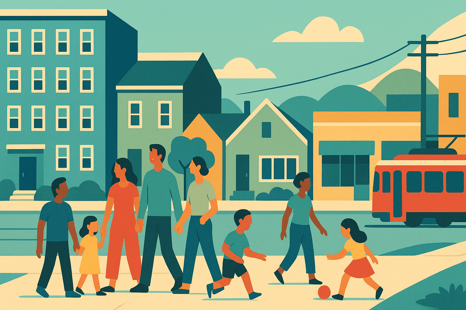 Illustration showing people, homes, and transit in San Francisco